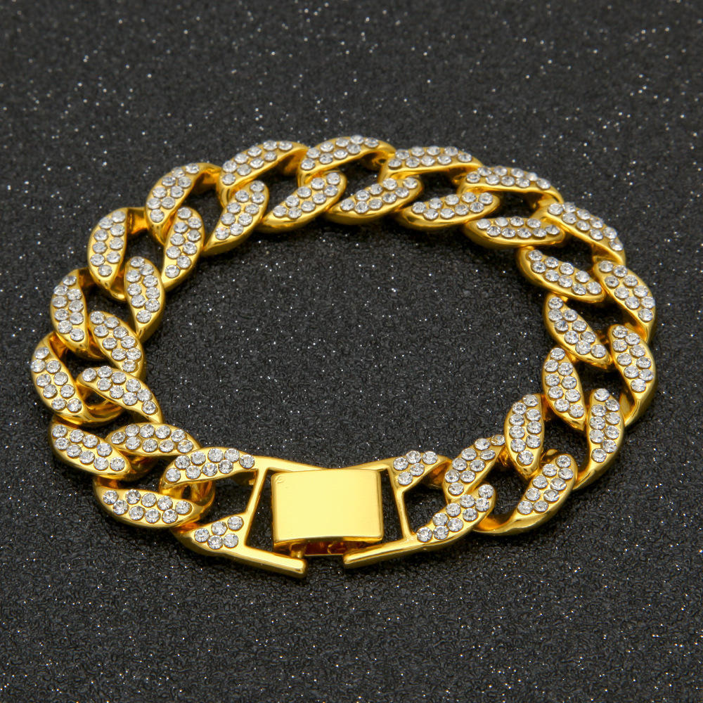Alloy Iced Out Custom Cuban Chain Iced Out CZ full diamond 18k Gold Miami Mens Cuban Link Chain bracelet for Men 7inches(17.78cm) золотой