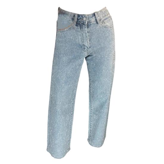 Faux Pearl Jeans for Women High Waist Straight Leg Stretch Denim Pants Casual Wide Leg Beaded Baggy Pants