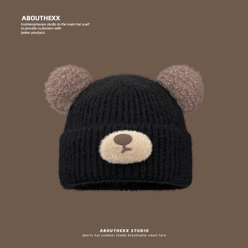 Cartoon Bear Knitted Wool Hat for Women In Autumn and Winter Thickened Warm and Cold Protection Cute Versatile Ear Protection Bag Head Cold Hat