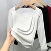 White Long-sleeved Square Neck Straight Shoulder T-shirt Women's New Early Autumn Thin Inner Bottoming Shirt Slim-fitting and Thin Top