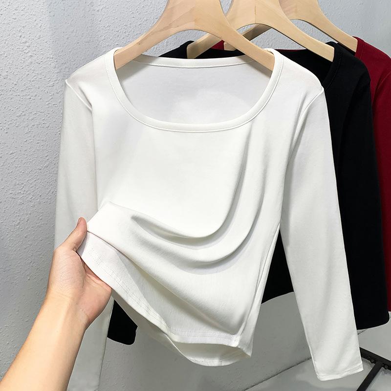 White Long-sleeved Square Neck Straight Shoulder T-shirt Women's New Early Autumn Thin Inner Bottoming Shirt Slim-fitting and Thin Top