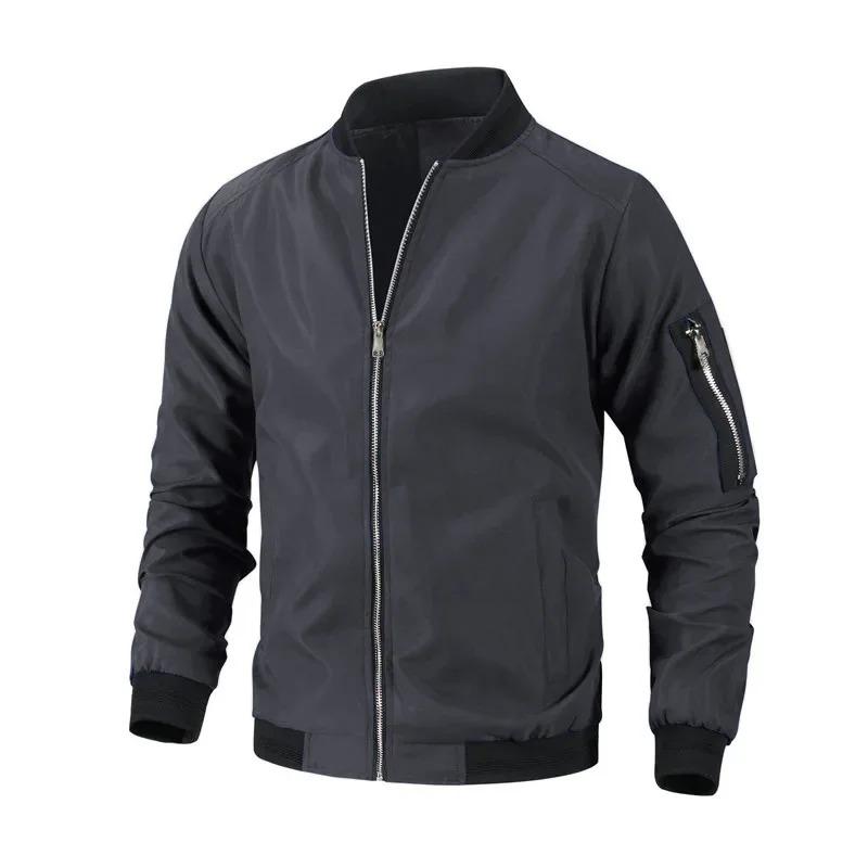 Urban Streetwear Wind-Resistant Bomber Jacket for Men - Durable Full-Zip Ribbed Cuffs & Hem with Sleeve Pocket Casual Outerwear in Solid Colors
