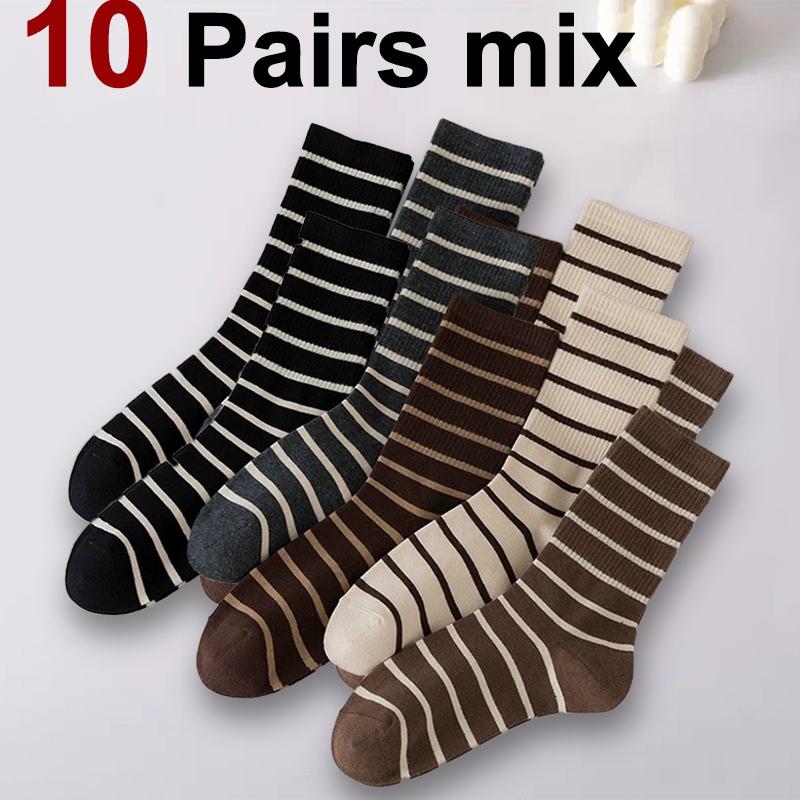5/10 Pairs Women Mid Length Socks Fashionable Striped Print Soft Comfortable Sweat Absorbing and Breathable Casual Socks