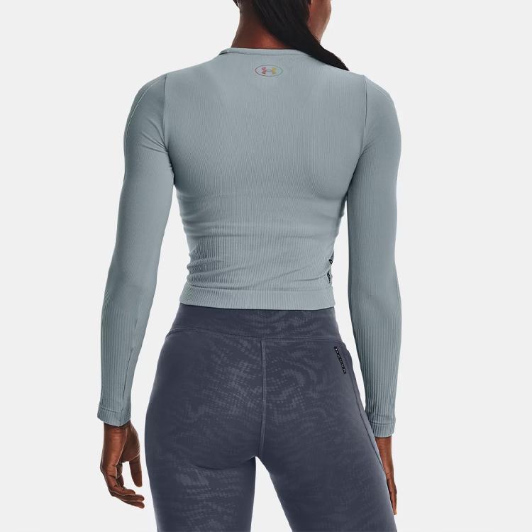 Under Armour Rush Series Solid Casual Logo Print Crew Neck Long Sleeve T-Shirt Women Tops Harbor-Blue 1373930-465