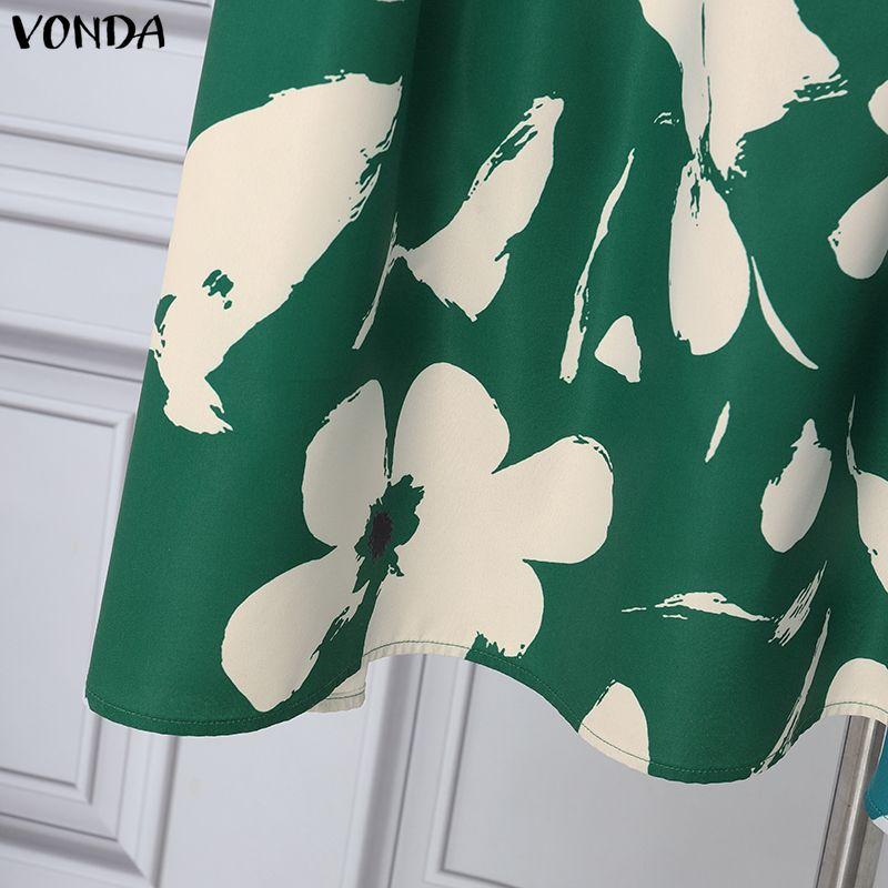 VONDA Elegant Women Stand Neck Puff Sleeve Floral Print Casual Loose Long Baggy Dress