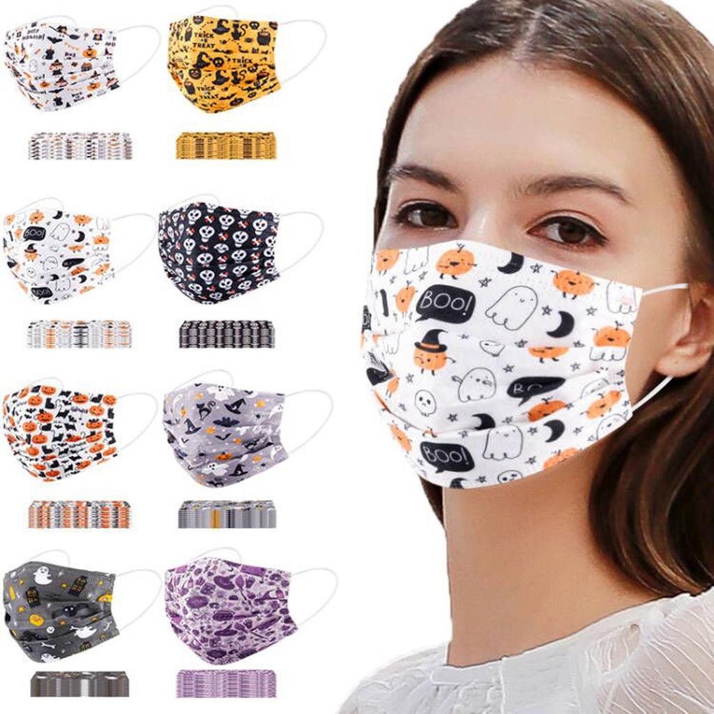 100PCS Unisex Disposable Face Mask Adults Halloween Horror Print Facial 