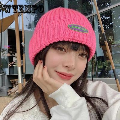 Strickmütze für Damen im koreanischen Stil, modisch, einfarbig, mit Buchstabenstickerei, Wollmütze zum Warmhalten im Winter, wilde Wollmütze