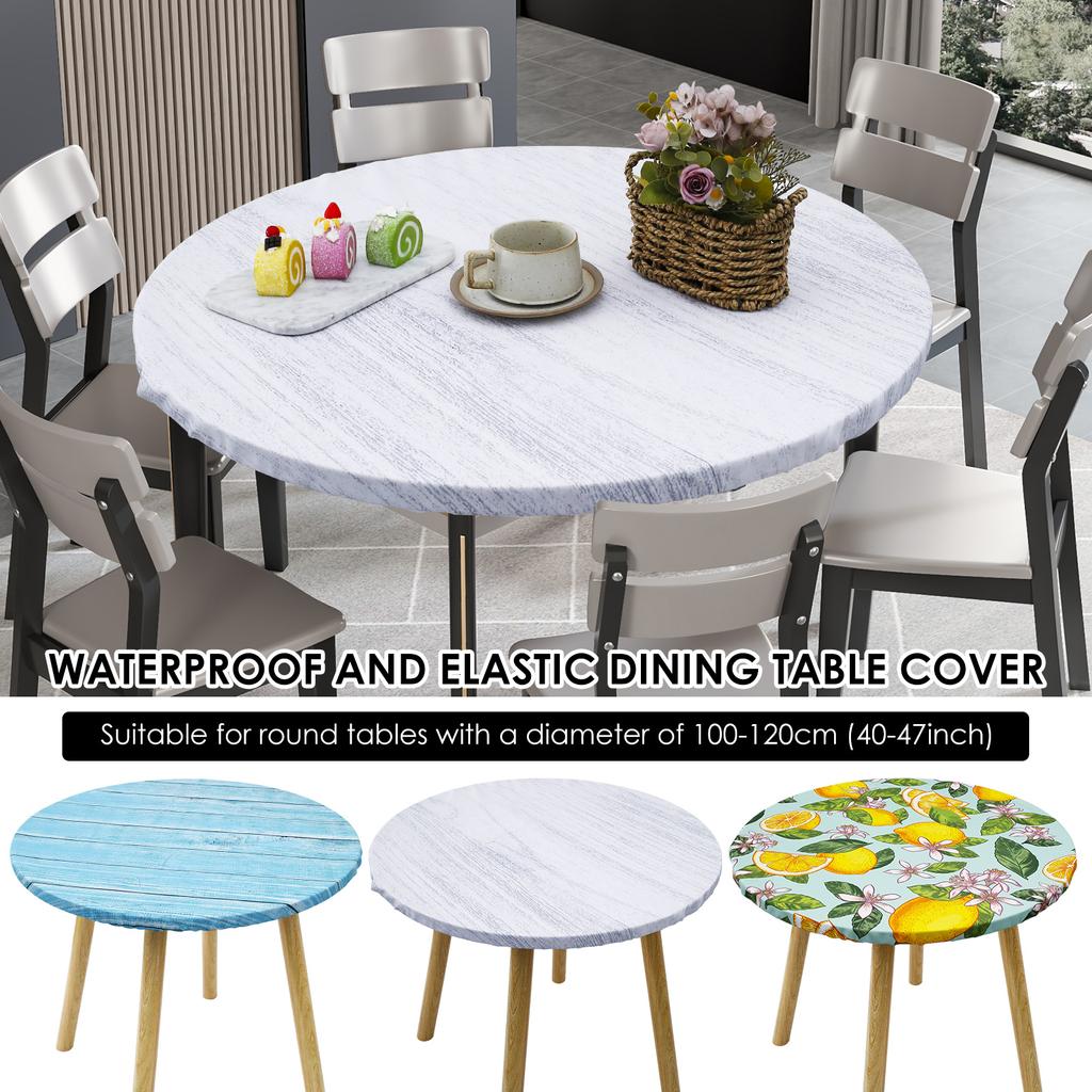 Flower Print Round Tablecloth Wood Texture Vintage Indoor Outdoor Waterproof Elastic Edge Picnic Table Cloth Decor
