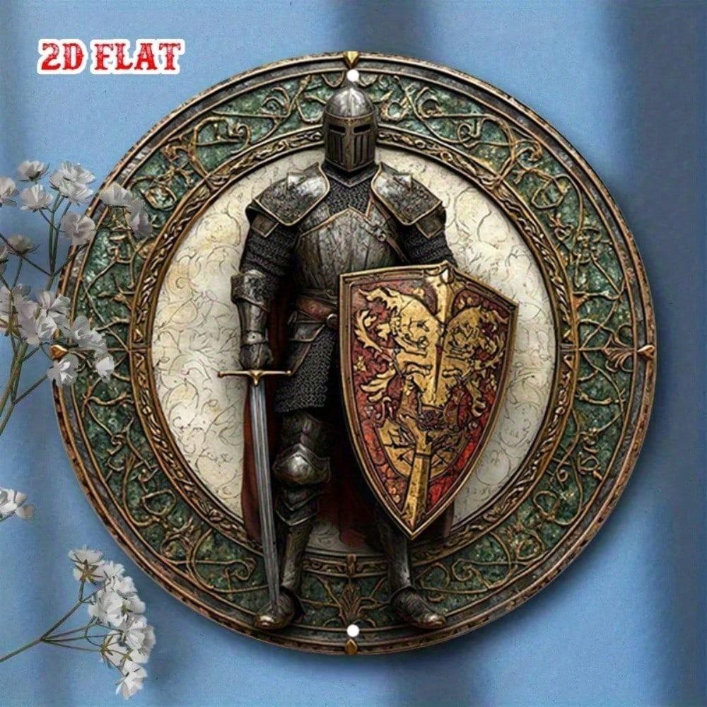 Decorazione da Parete Cavaliere Medievale VORNNEX Segno Rotondo in Alluminio 2D con Spada Scudo Stemma Rustico Arte Metallica per Casa Bar Pub