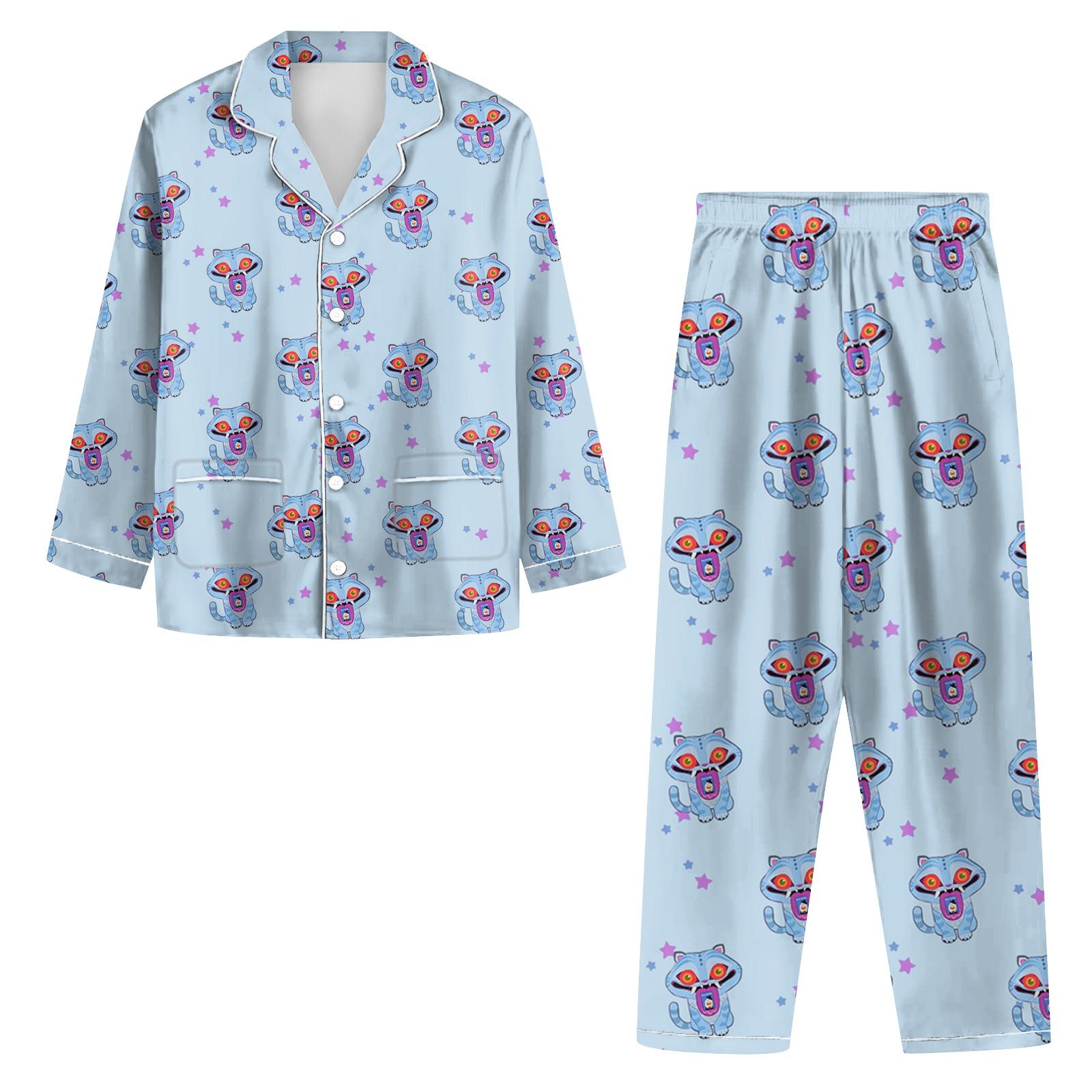 

Женский костюм из 2 предметов с принтом, топ на пуговицах с длинными рукавами, широкие брюки, комплект, пижамный домашний повседневный костюм XL небесно-голубой