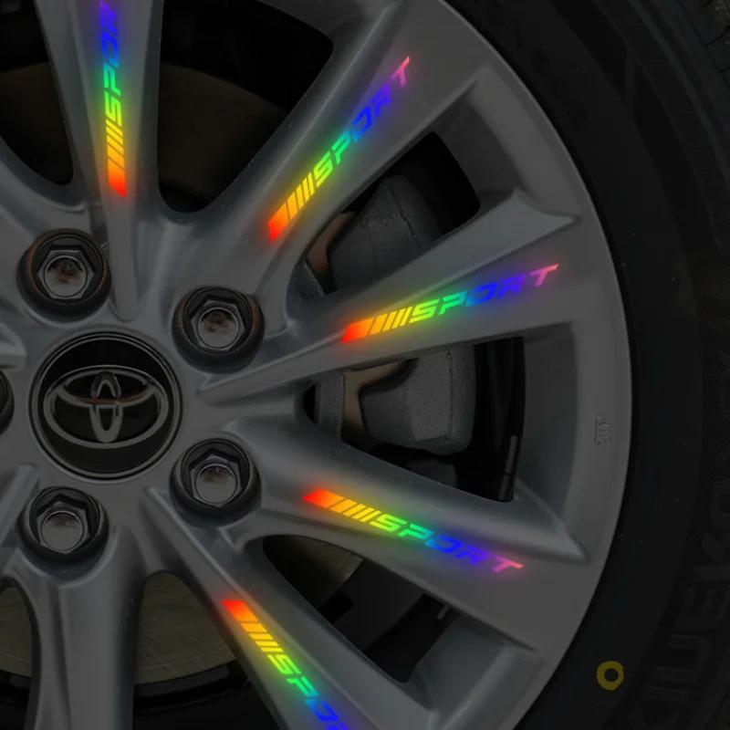 4 Pezzi Adesivo Universale Riflettente per Bordo Cerchio, Strisce Decorative di Sicurezza Notturna per Ruota Auto, Adesivi Riflettenti con Logo Sportivo