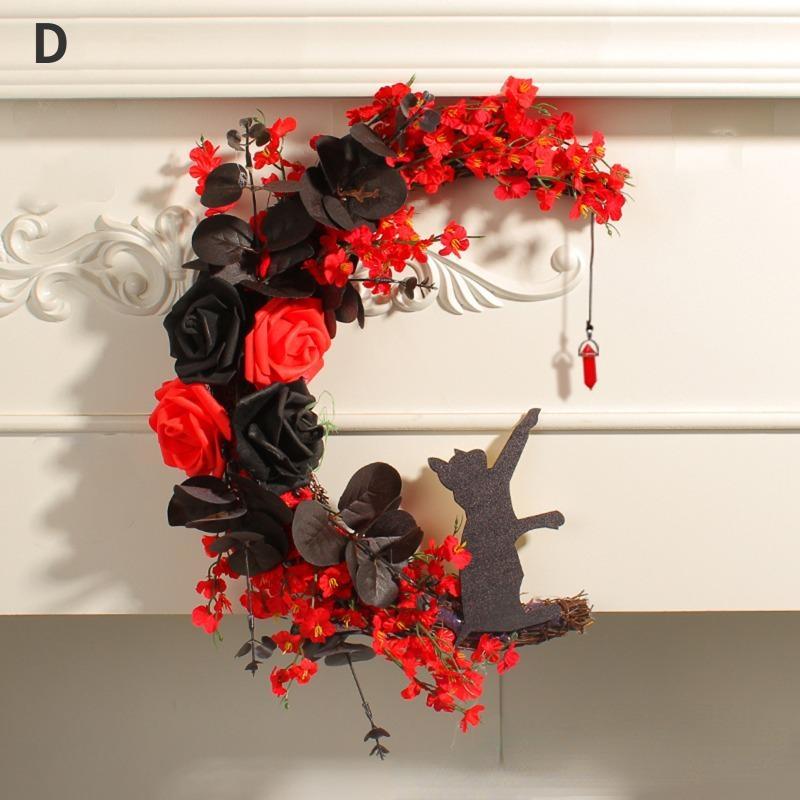 Halloween Moon Cat Garland with Rose Black Decorations Halloween Garland Halloween Wreath for Front Door Halloween Door Decor