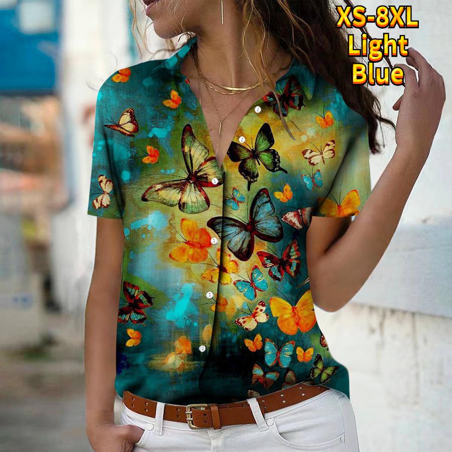 

2025 Лето Новая Мода Женская Повседневная Рубашка Топ с Коротким Рукавом и V-образным Вырезом на Пуговицах с Принтом Бабочек 8XL темно-синий