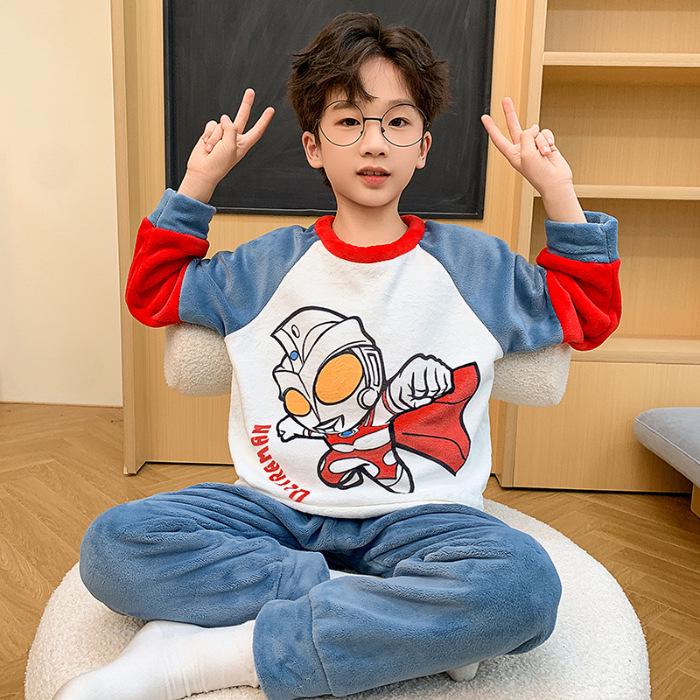 Kinder Cartoon Korallenfleece Pyjama - Warm, Dickes Flanell Rundhals für Jungen, Herbst/Winter Kollektion