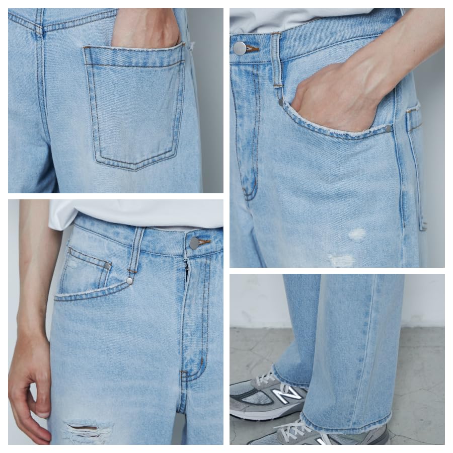 WEGO Unisex Distressed Denim Denim Vintage American Size Denim Men's Wide-Leg Pants, Trousers, Bottoms, Streetwear, Casual, Spring, Summer, Autumn,