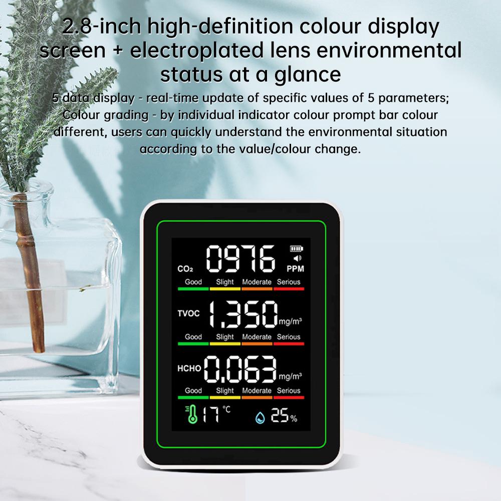 MT11 5-in-1 Air Quality Monitor Carbon Dioxide Detector Formaldehyde TVOC Temperature & Humidity Air Quality Monitor Type C Port