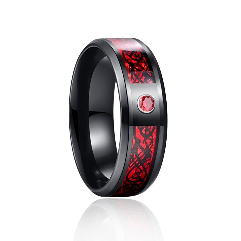 8Mm Men Black Red Stainless Steel Finger Ring Viking Dragon Blue Cubic Zirconia Inlay Finger Ring Nuptial Bridal Band Beveled Edge Comfort FitTrendy