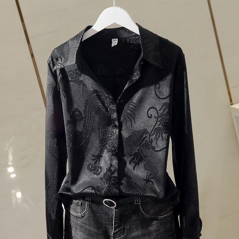 

Французская атласная рубашка высокого класса 2025 Весна и Осень Новый стиль Модная драпированная блузка с длинным рукавом M чёрный