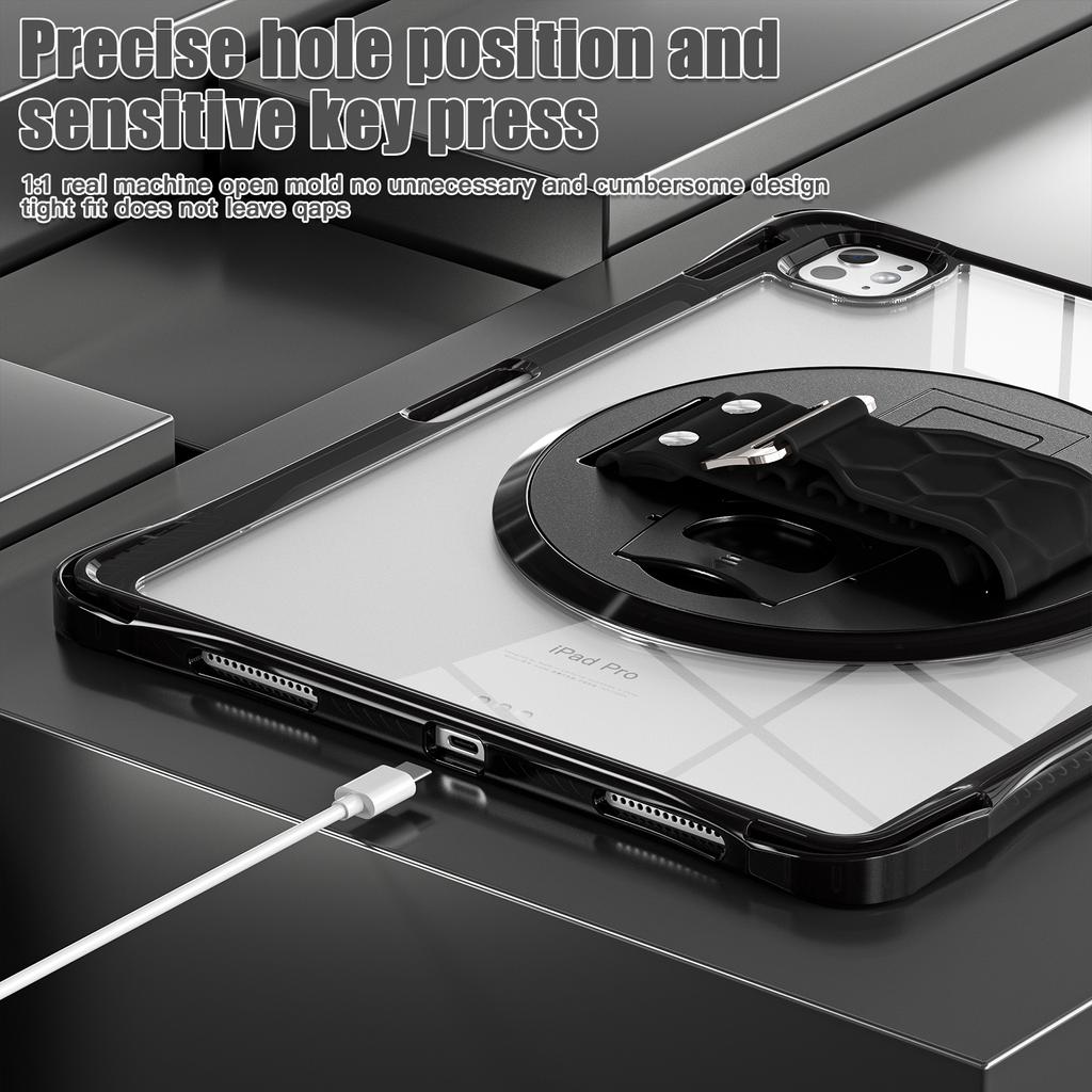 For iPad Pro 13 (2024) Kickstand Case Hand Strap PC+TPU+Acrylic Cover with Shoulder Strap