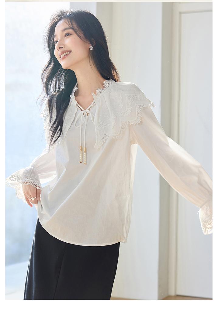 Spring "Bohemian" series gentle fairy style top sweet lace doll collar tied shirt