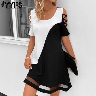 Moda Donna Estate Primavera Stampa Color Block Manica Corta Scollo a U Vita Ampia Abiti Casual