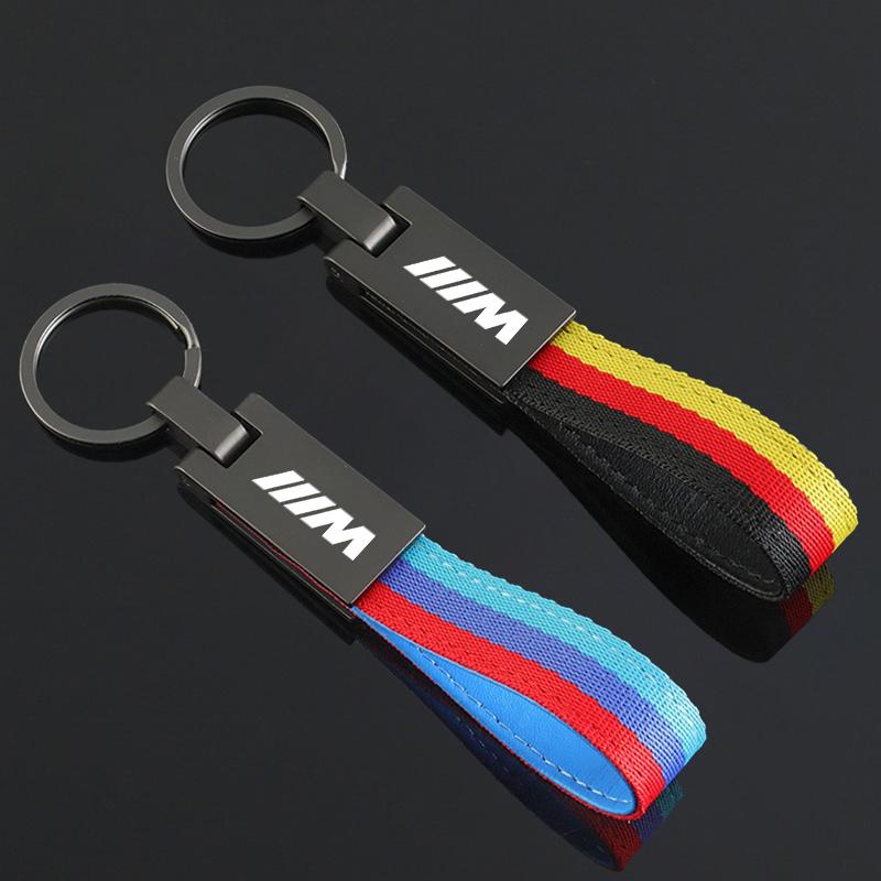 OMPC8 Zinc Alloy Keyring Nylon Tricolor Woven Belt Car Keychain For BMW 50th Anniversary 1 3 5 7 series E83 F16 E70 BMW M M3 M5 X1 X2