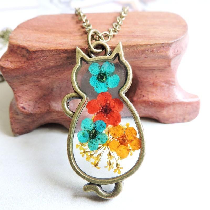 Collana con Ciondolo Gatto Fiori Secchi Naturali Fatto a Mano per Accessori Casual da Donna