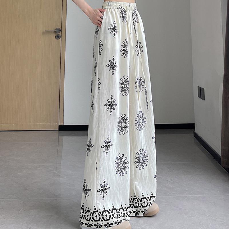 Summer Women Vintage Print Cotton And Linen Thin High Waist Wide Leg Pant Trouser For Girl