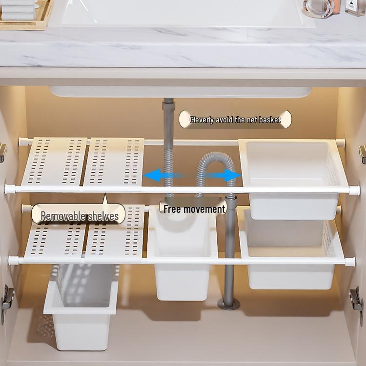 Ausziehbarer Badezimmer-Aufbewahrungsständer für unter das Waschbecken mit mehrstöckigen Regalen und Bohrloser Trennwand