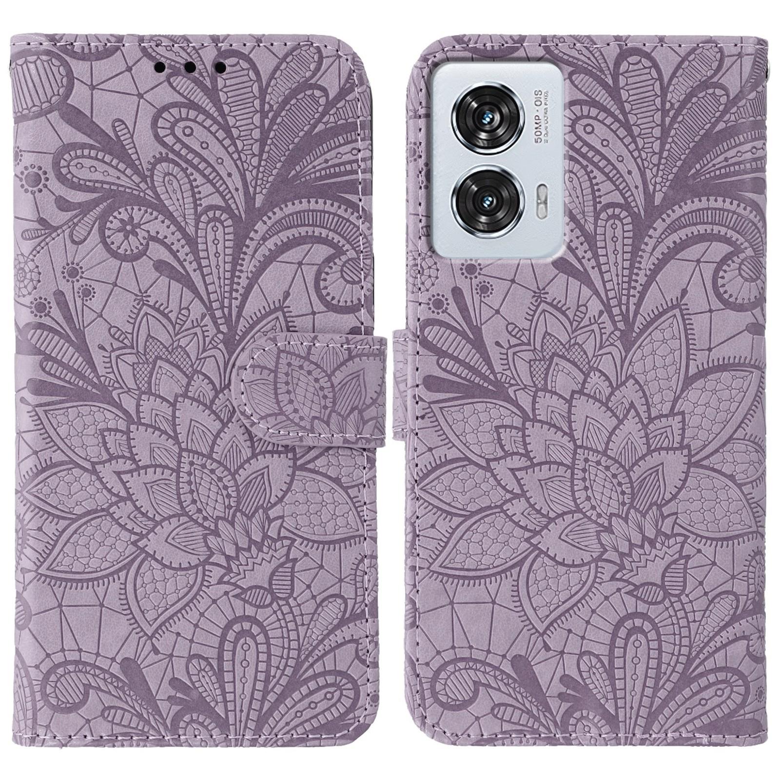 

For Motorola Edge 50 Fusion 5G Case Lace Flowers PU Leather Flip Wallet Phone Cover Purple