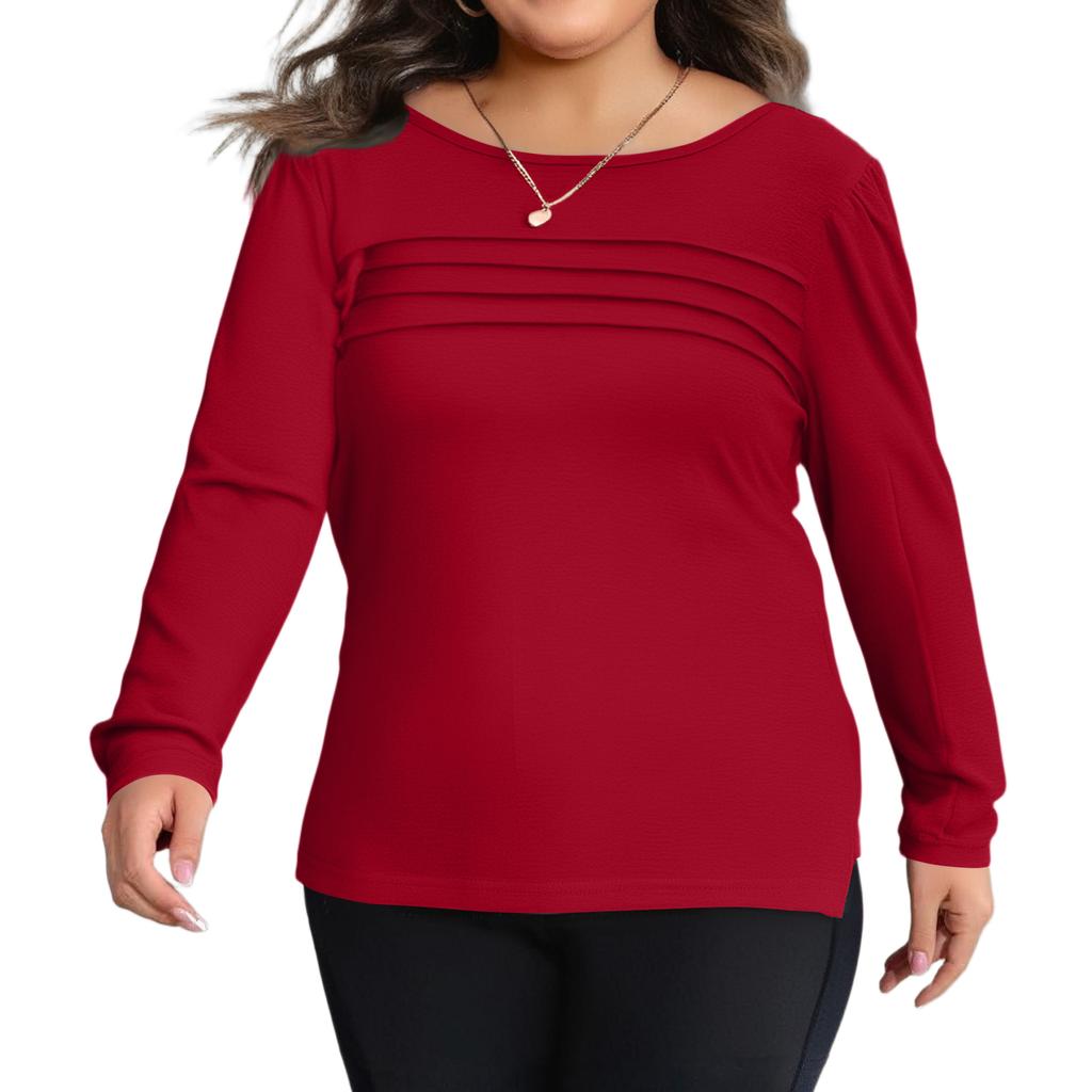 Women's Solid Color Round Neck Pleated Long Sleeved Plus Size Top