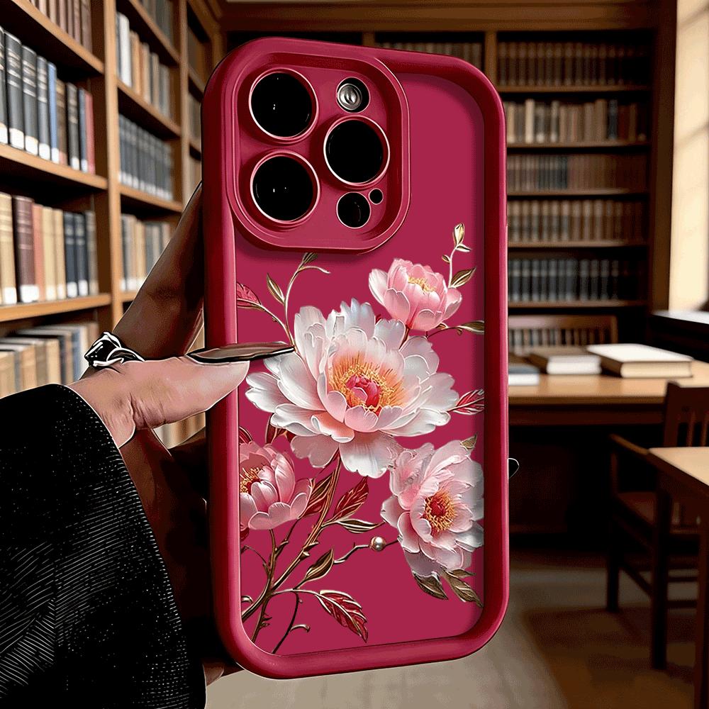 Pink Peony Flower Branch Shockproof Soft Phone Case For Xiaomi Redmi Note 15 14 13 12 11 10 9 8 Pro Anti-Slip Anti-Fall Cover