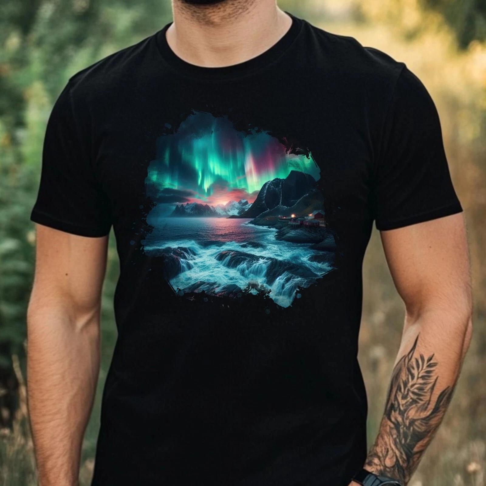 T-Shirt Herren Aquarell Nordlicht Motiv Baumwolle Größe XS bis 5XL XXXL