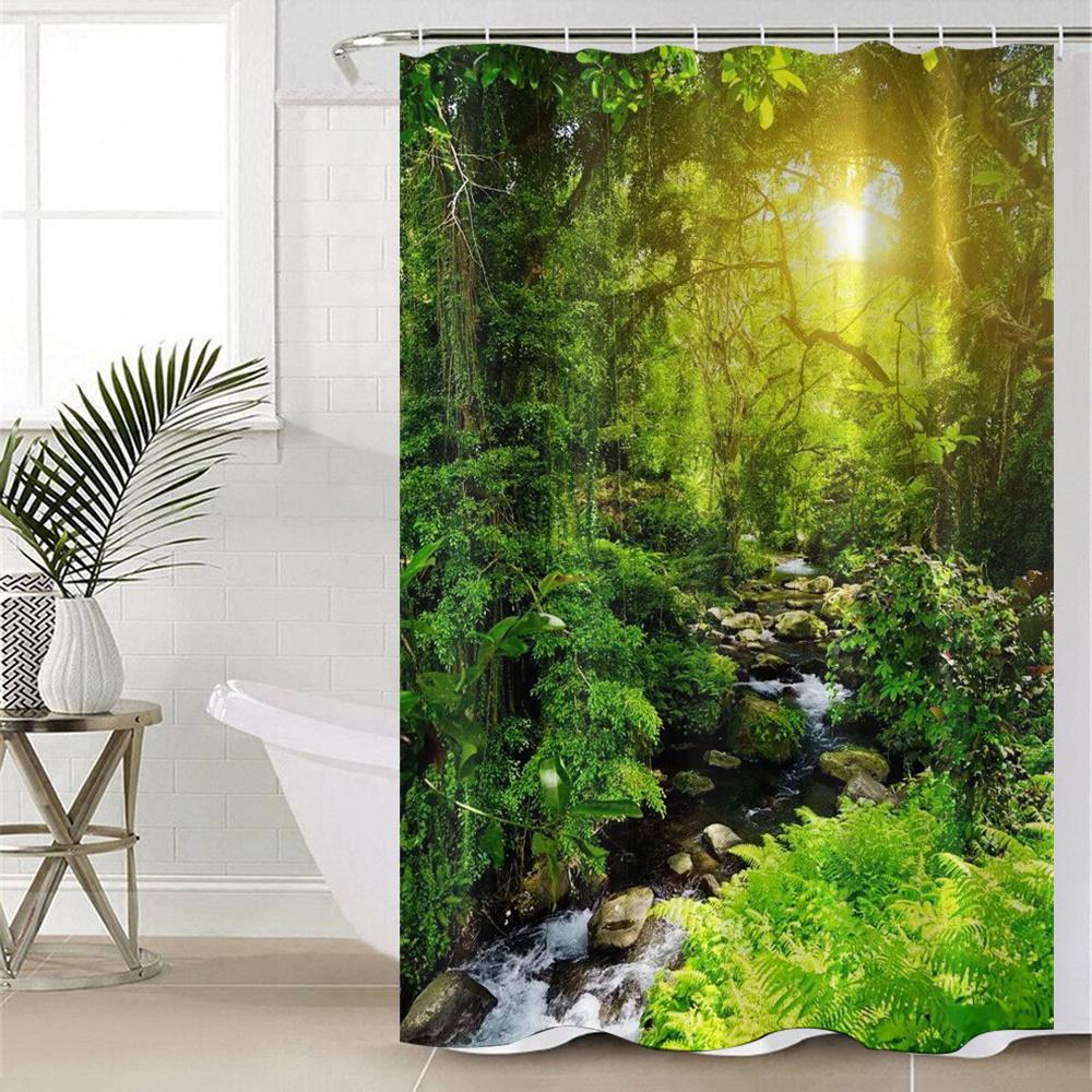 Forest Stream Print Polyester Bathroom Set, Waterproof - Includes Machine Washable Curtain, Bath Mat Accessories, Set Of 4