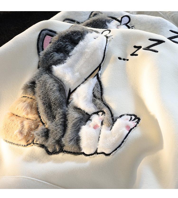 Japanese retro sleepy school ragdoll cat flocked hooded sweater men and women chic different couple coat