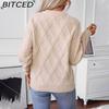 BITCED Autumn/Winter Diamond-Patterned Pullover Sweater for Women Loose-Fit O-Neck Knitted Top