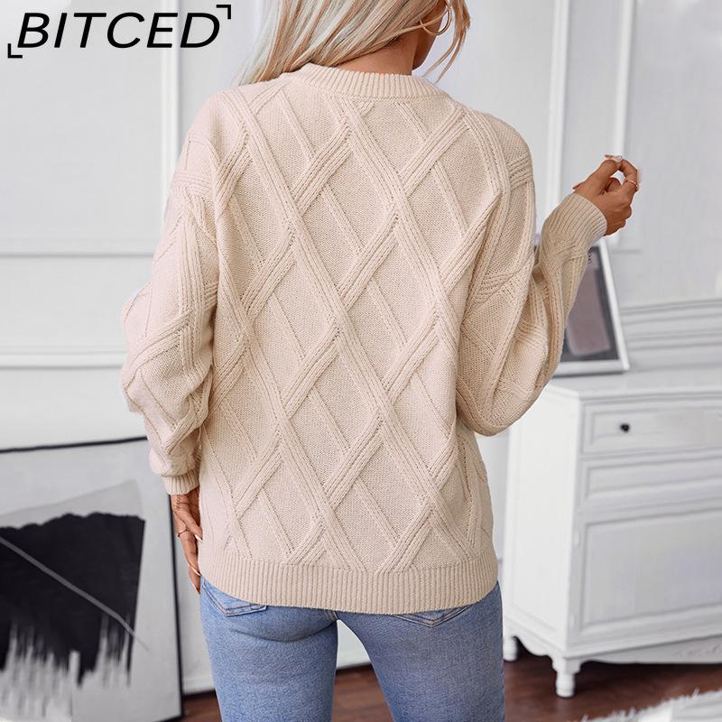 BITCED Autumn/Winter Diamond-Patterned Pullover Sweater for Women Loose-Fit O-Neck Knitted Top