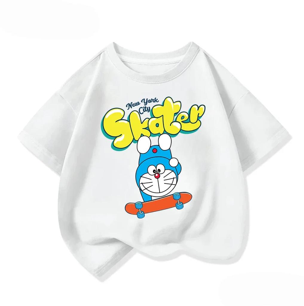 Cute Children Crew Neck T Shirt Summer Fashion Cartoon Print Trendy Street Casual Tops Doraemon Boys Girls Outfit 314Y