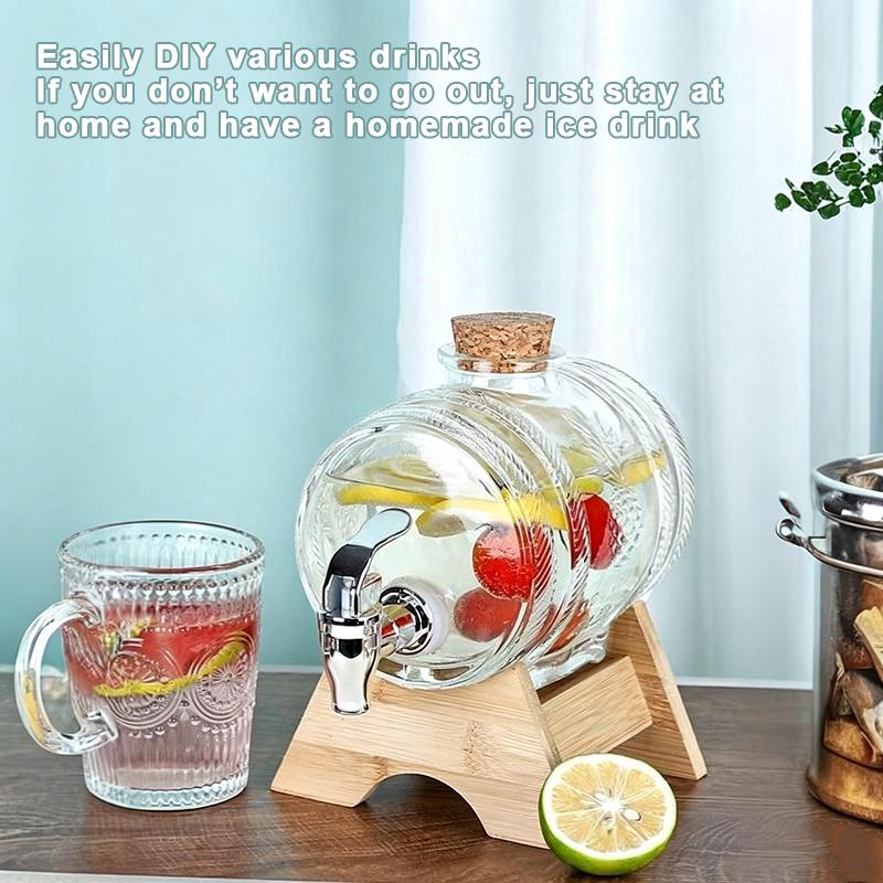Glass Beverage Dispenser With Wooden Stand Tap Cork Stopper Transparent Wine Storage Jar For Home Party Drink Juice Container