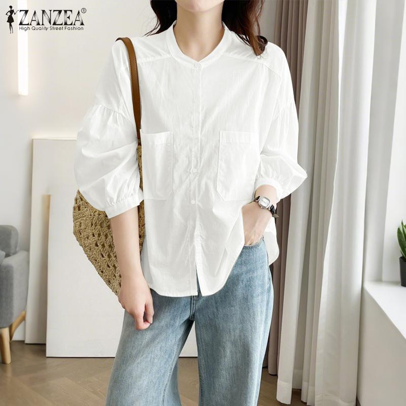 ZANZEA Women Casual Round Neck Loose 3/4 Sleeve Blouse