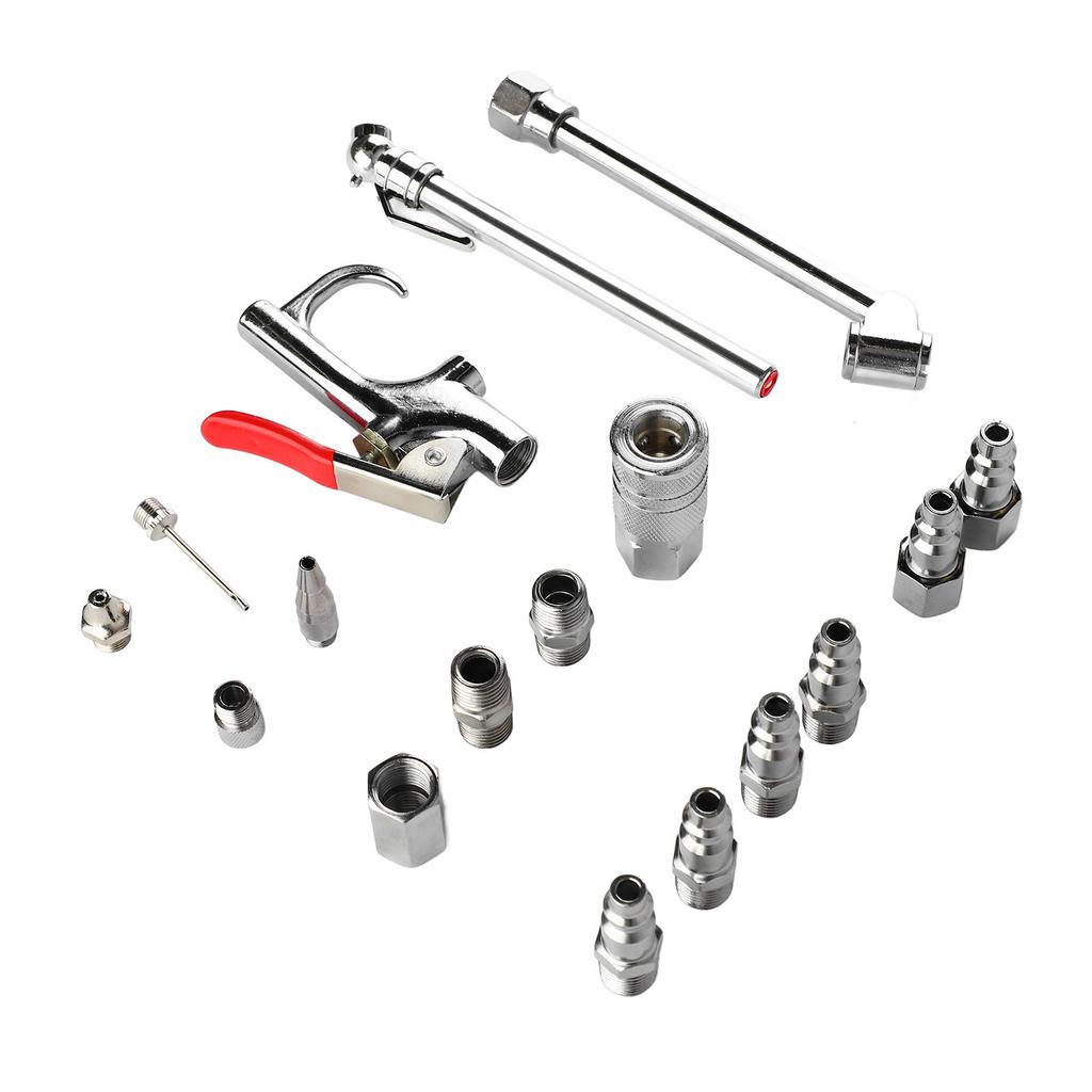 17-teiliges Druckluftblaspistolen-Zubehörset 14NPT Kupplungsstecker Doppel-Fuß-Spannfutter Blaspistole Reifendruckmesser