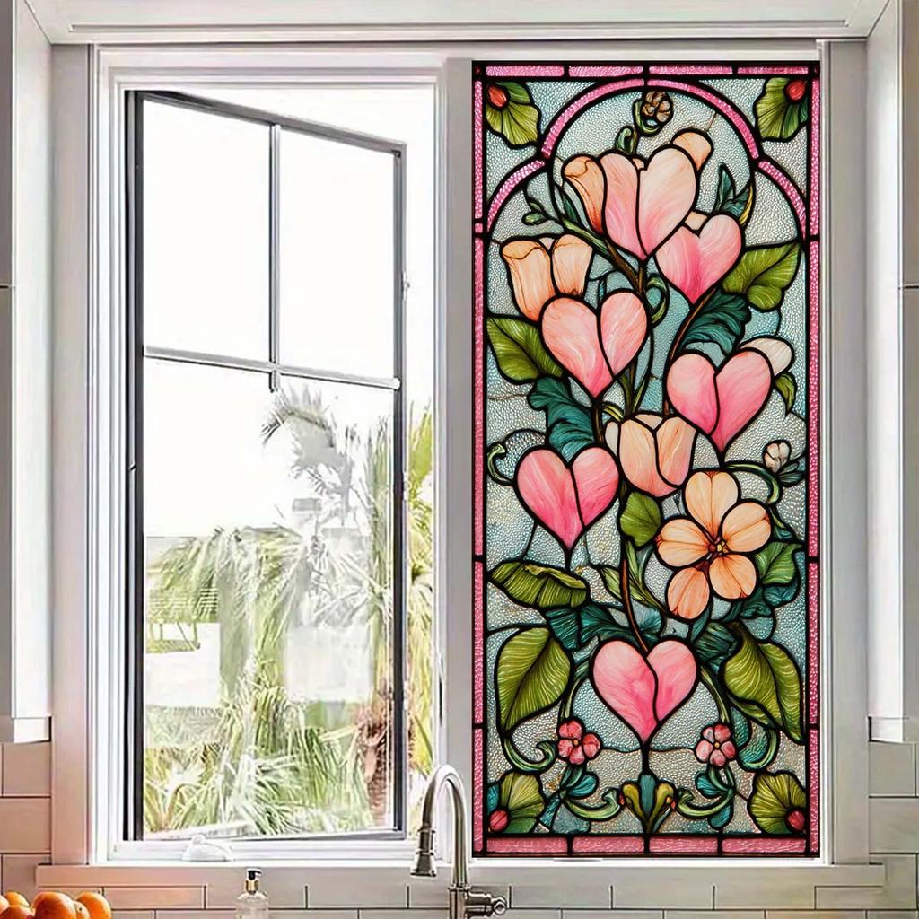 Retro-style Stained Glass Flower Window Stickers with Artistic Elements - Self-adhesive, Seamless Stickers