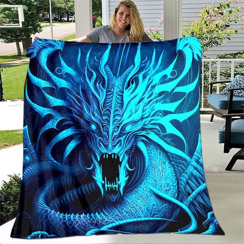 1pc Blue Ice Dragon Blanket For Home- Lightweight Flannel Throw For Sofa, Bed, Travel, Camping