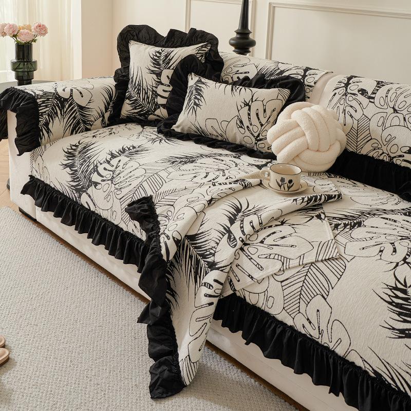 French Sofa Cushion, Universal In All Seasons, Non-Slip, Chenille Fabric, Leaf Ruffle Edge Seat Cushion, Simple Full Set Of Cover