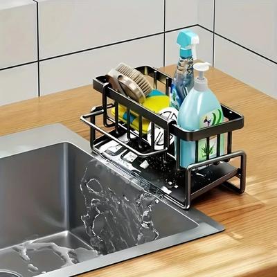 Kitchen Sink Rack Organizer Kitchen Sink Sponge Holder With Self-draining Tray Dish Soap Scrub Dishcloth Shelf Stainless Steel