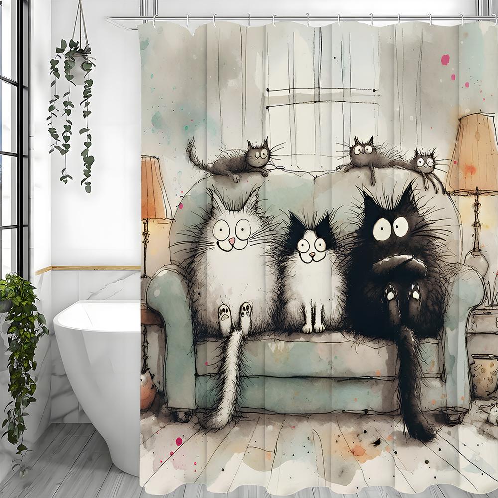 Cartoon Cute Kitten Shower Curtain, Bathroom Decorative Shower Curtain, Waterproof Shower Curtain with Hooks