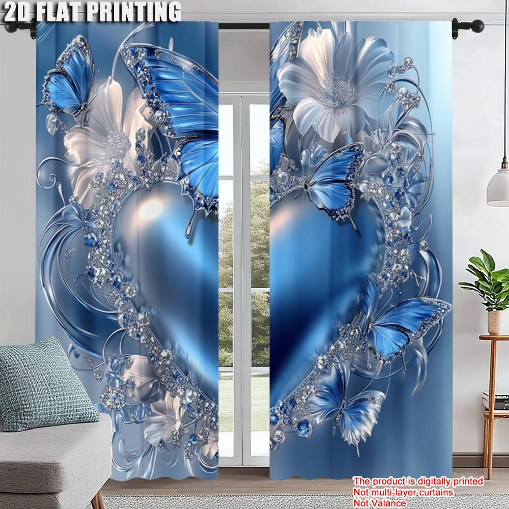 

2Pcs Blue Heart Butterfly Window Curtain Rod Pocket Curtain Perfect For Bedroom Office Kitchen Living Room Study Home Decor_ai12 53x116cm 2pc&Without mount