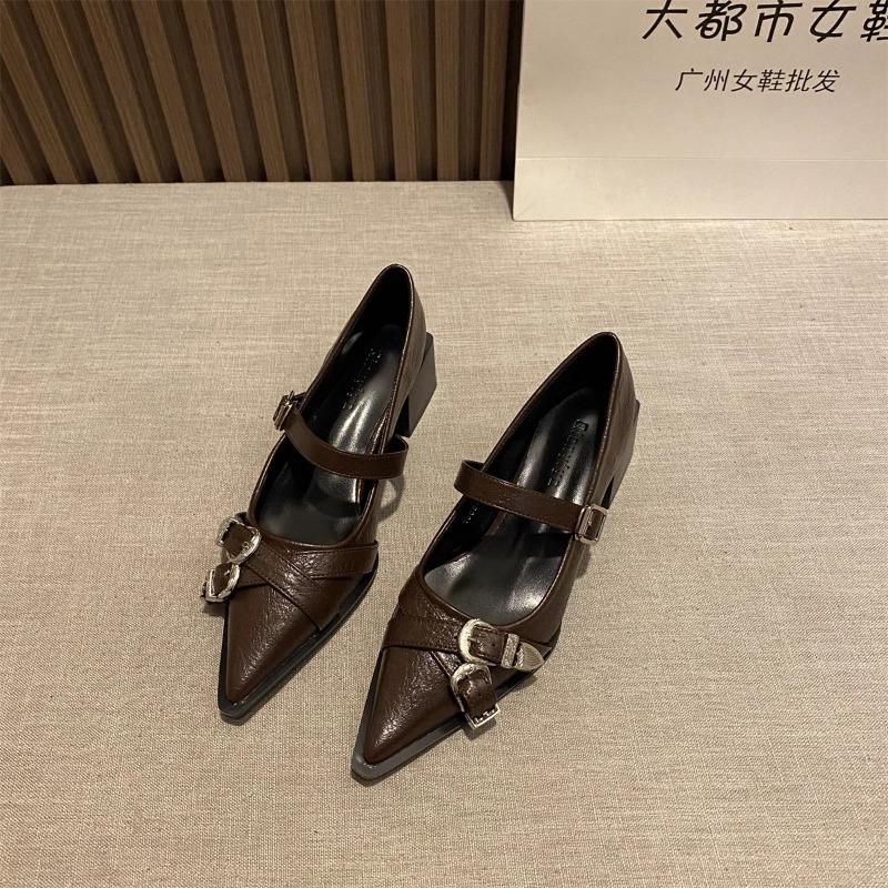 Fashion 2024 Spring/Summer Fashion Cross with Pointed Toe Shallow Mouth Women's Street Style Belt Buckle Low Heels