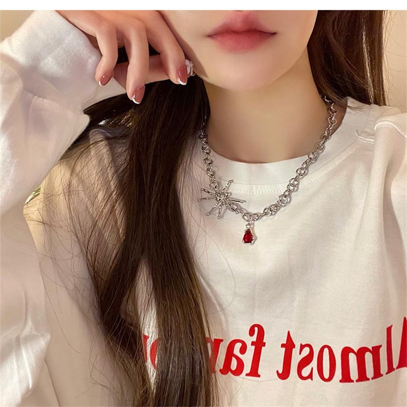 2024 Hip Hop Silver Color Choker Necklace Punk Spider Ruby Chain Necklace For Women Fashion New Party Jewelry Accessories