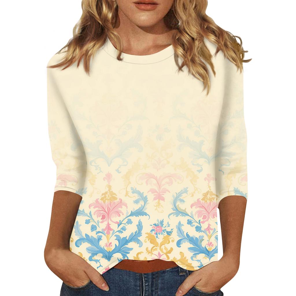 Women's Fashion Casual 3/4 Sleeve T,Shirt Printed Round Neck Pullover Top